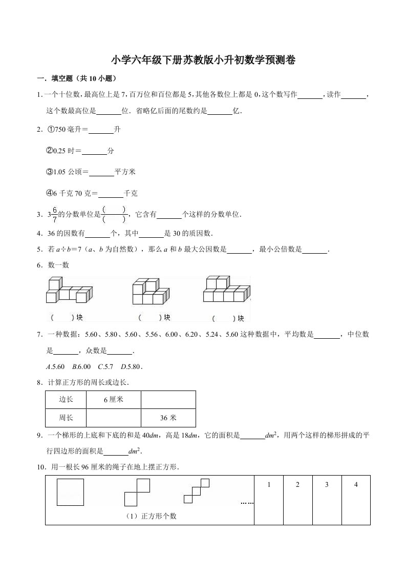 六年级数学下册小升初模拟试题（30）苏教版（含解析）-久久学科网