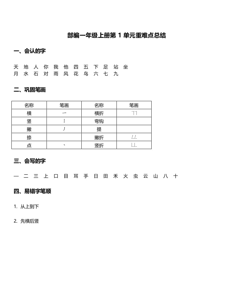 一年级语文上册-第1单元重难点知识总结（部编版）-久久学科网