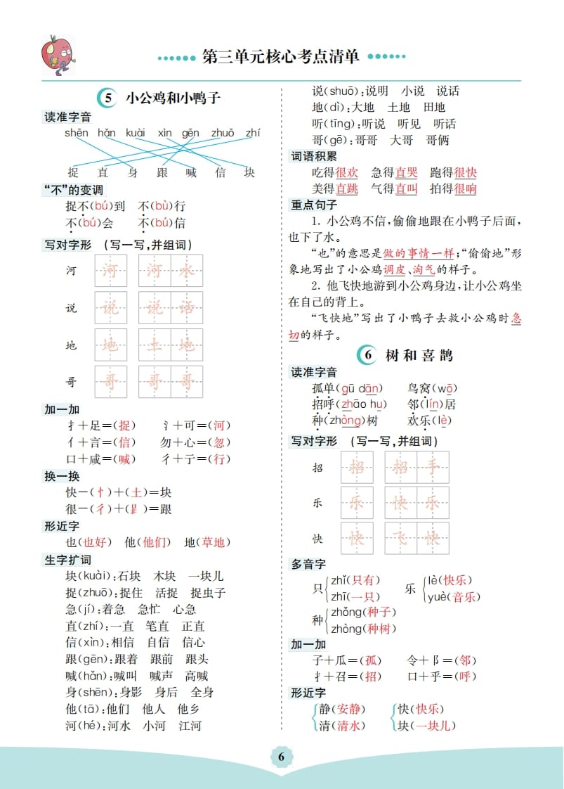 一年级语文下册第三单元核心考点清单-久久学科网