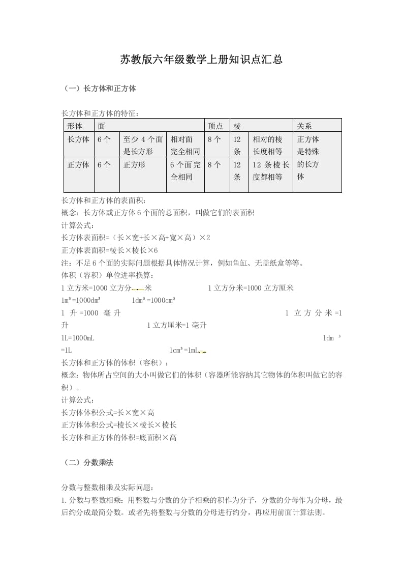 六年级数学上册知识点汇总（苏教版）-久久学科网