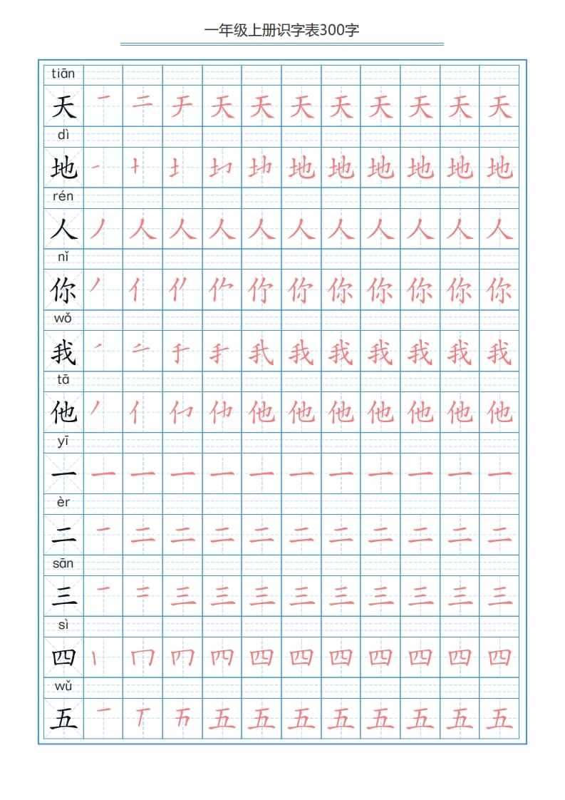 一年级语文上册识字表字帖（300字29页）PDF（部编版）-久久学科网
