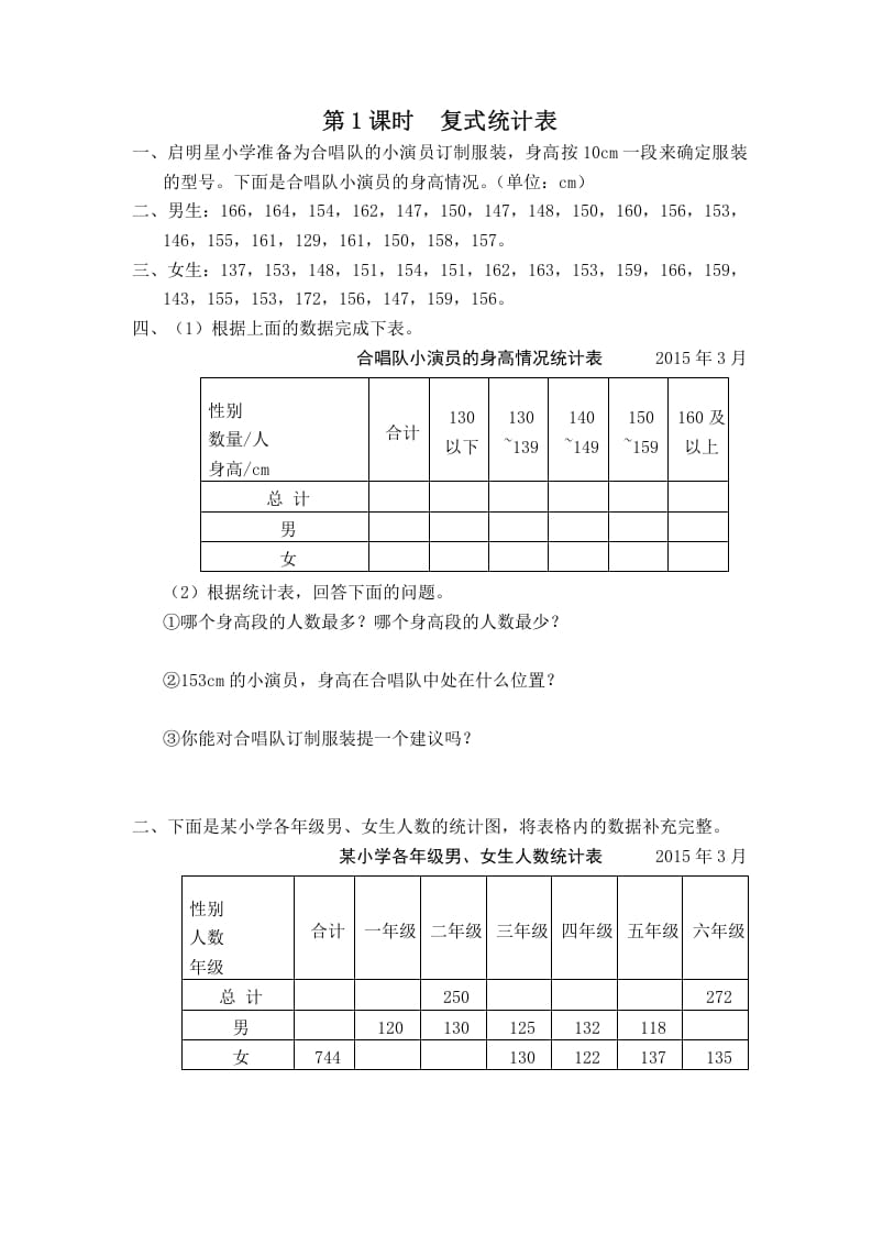 五年级数学上册第1课时复式统计表（苏教版）-久久学科网