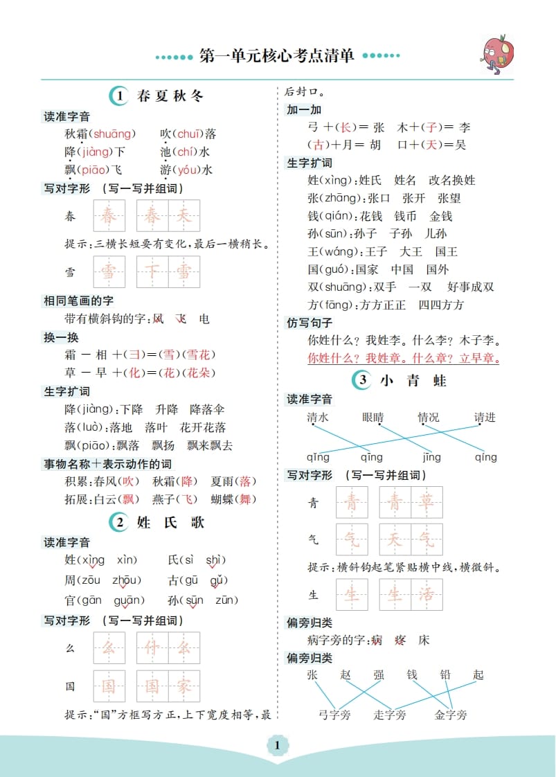 一年级语文下册第一单元核心考点清单-久久学科网