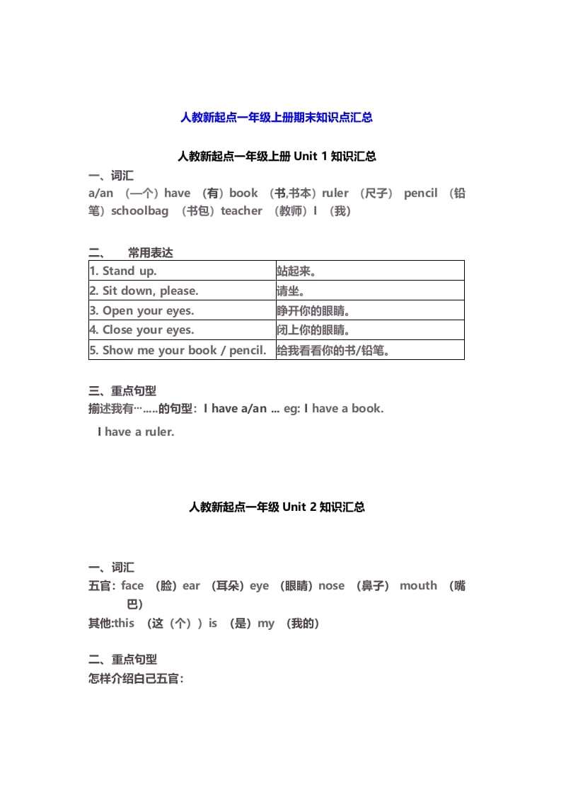 一年级英语上册期末知识点汇总6页（人教一起点）-久久学科网