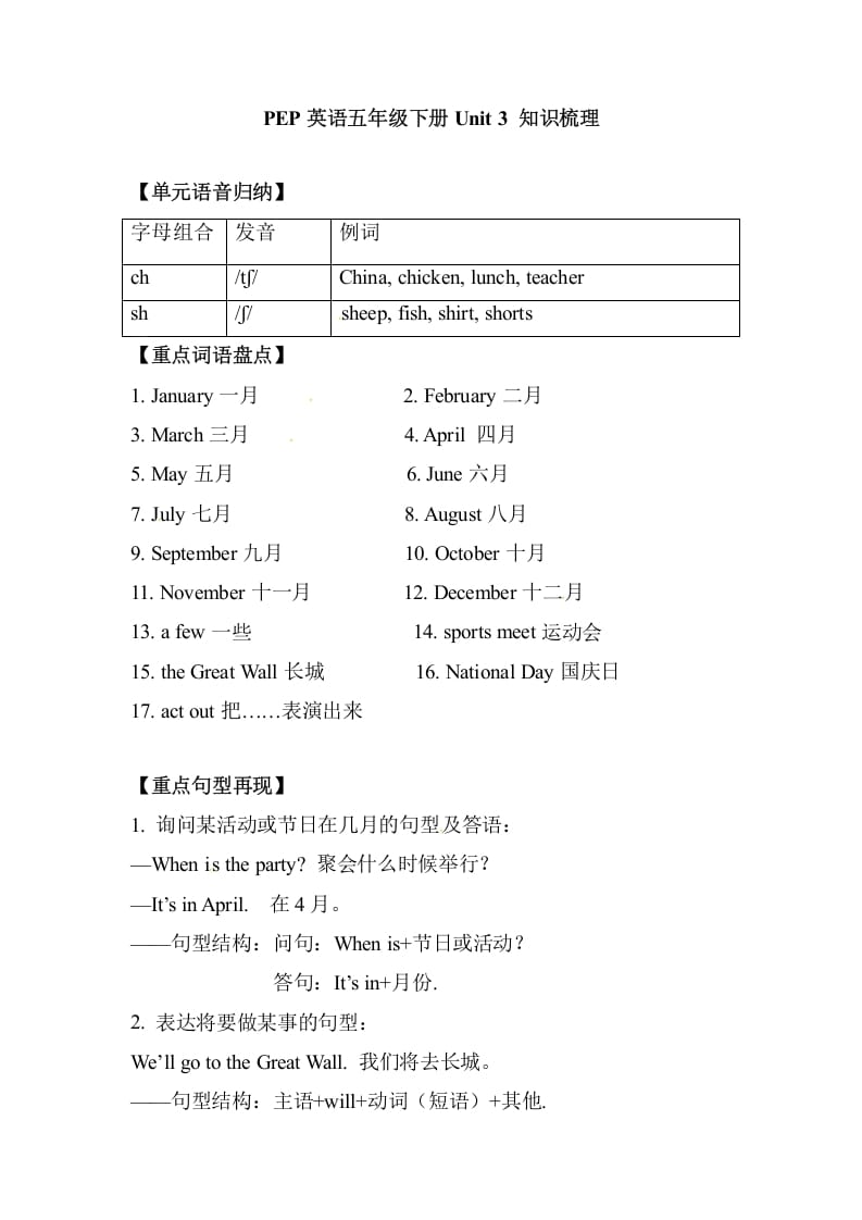 五年级数学下册英语单元知识梳理-Unit3Myschoolcalendar人教PEP-久久学科网